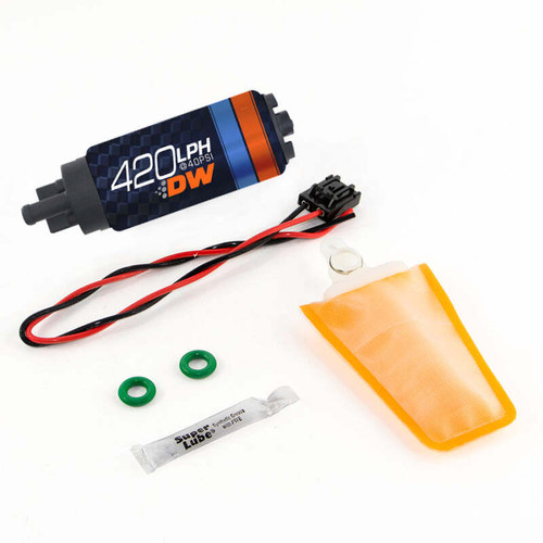 Deatschwerks DW420 fuel pump kit with wiring connector, filter sock, O-rings, and lube packet