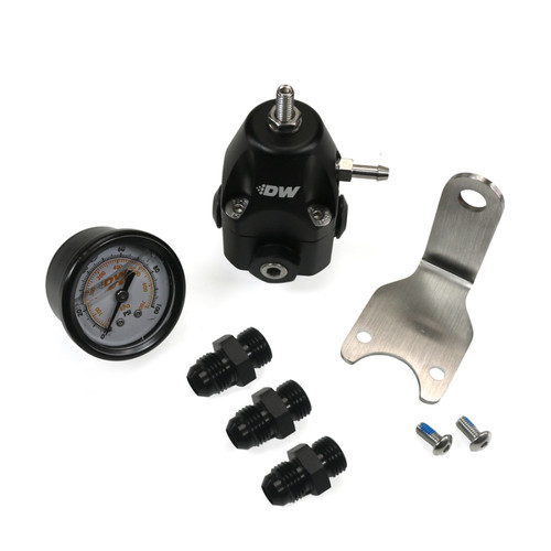 DeatschWerks DWR1000C adjustable fuel pressure regulator kit with gauge, mounting bracket, and three 6AN fittings