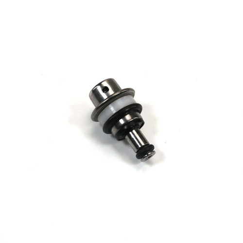 DeatschWerks 4.5 BAR in-tank fuel pressure regulator, angled view showing metal cap, white seal, and fitting nozzle.