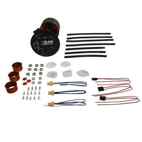 DeatschWerks X3 fuel pump module kit with triple pump housing, wiring harnesses, connectors, hose clamps and filter socks laid out