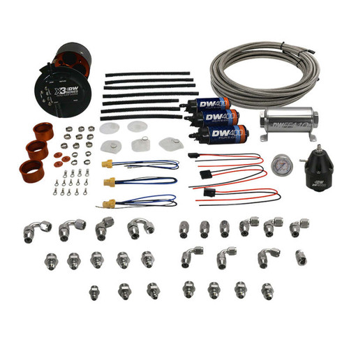 DeatschWerks X3 fuel pump module kit with triple DW400 pumps, hose, fittings, wiring and regulator laid out.