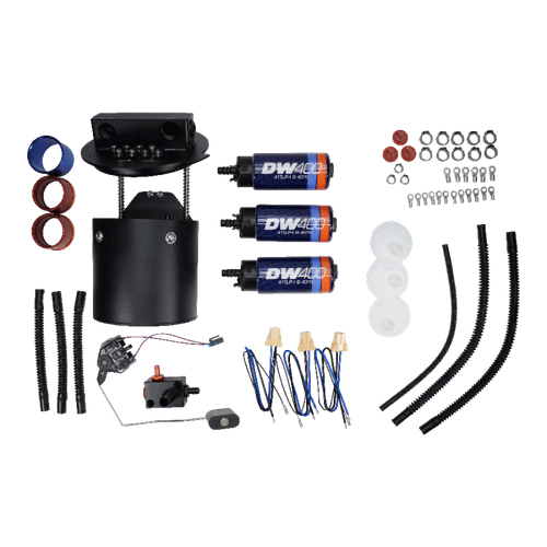 DeatschWerks X3 fuel pump module kit with three DW400 pumps, hardware, wiring, and hoses laid out