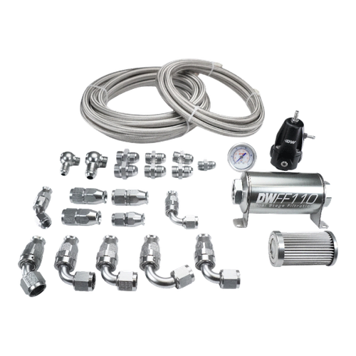 Deatschwerks X2 pump hanger PTFE plumbing kit with DWFF110 filter, gauge, hoses, and AN fittings