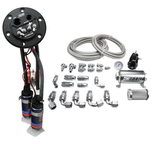 Deatschwerks X2 fuel pump hanger with dual DW420 pumps, braided PTFE lines, fittings, filter and regulator