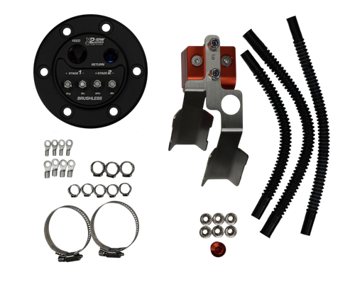 Deatschwerks X2 pump hanger kit with mounting bracket, wiring terminals, hose clamps, hardware and tubing