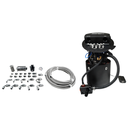 Deatschwerks X3 fuel pump module with triple DW400 pumps, top fittings, braided line and PTFE plumbing kit