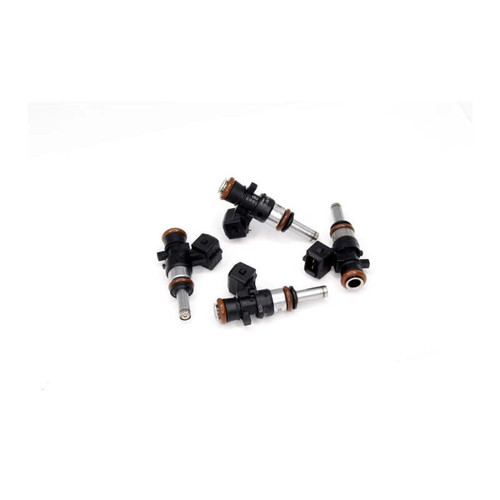 Set of four Deatschwerks 750cc fuel injectors for Polaris Rush 600, arranged showing electrical connectors and o rings