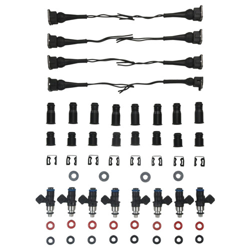 DeatschWerks LS injector kit, set of 8 2400cc/min injectors with wiring harnesses, connectors, clips and O-rings shown top to bottom.