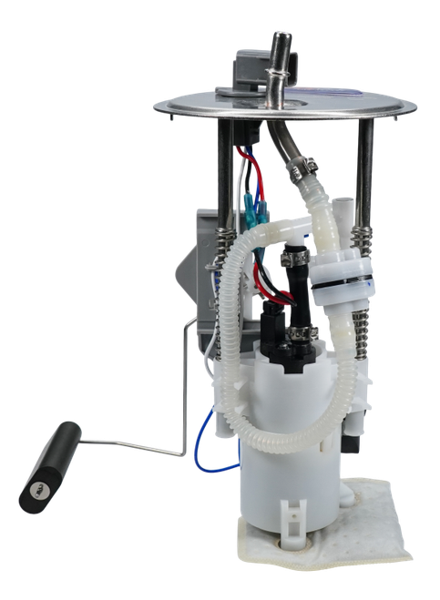 DeatschWerks DW300 fuel pump module for S197 Mustang, front angle showing float arm, hoses, and wiring