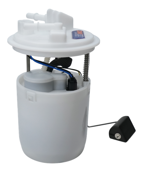 DeatschWerks DW300 fuel pump module, front angle view showing top plate fittings, springs and float arm sender