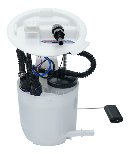 DeatschWerks DW400 fuel pump module, angled front view showing float arm, wiring connector, and inlet fitting