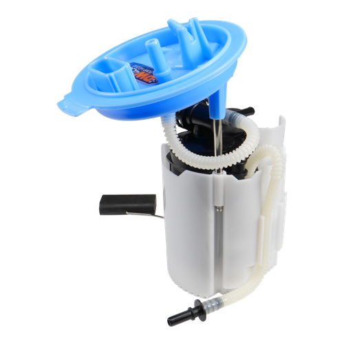 DeatschWerks DW400 fuel pump module for MK7 Golf/GTI, blue flange top, canister and hoses visible
