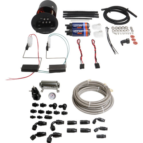 DeatschWerks X2 module kit with DW420 fuel pumps, wiring, fittings, gauge and PTFE hose coiled below