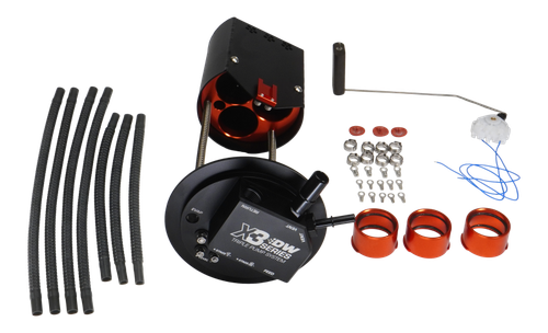DeatschWerks X3 Module fuel system kit with black housing, red rings, hoses, fuel level sender and hardware laid out