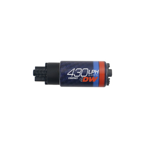 DeatschWerks DW430C compact fuel pump, side view showing 430lph label and inlet fitting, no clips