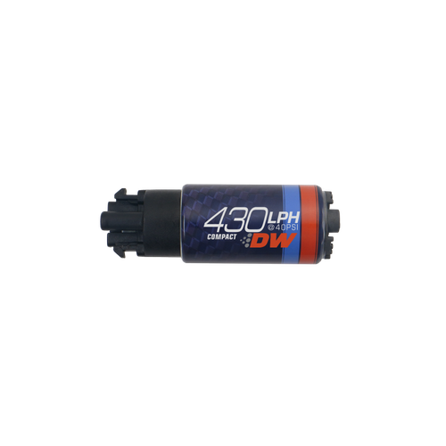 DeatschWerks DW430C 430lph compact fuel pump, side view showing carbon fiber body, blue and orange label, black connector end with clips.