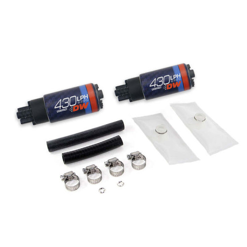 DeatschWerks DW430C 430lph fuel pumps with hoses, clamps and filter socks, front view