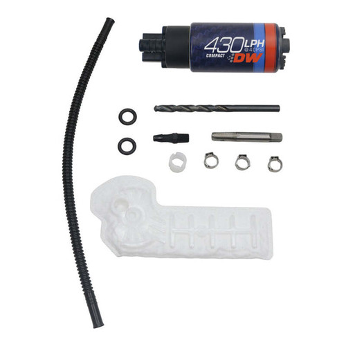 DeatschWerks DW430c fuel pump kit with hose, filter sock, clamps, drill bit and installation tool, top view
