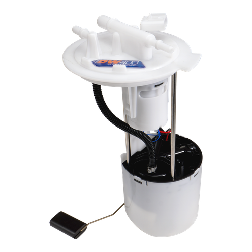 DeatschWerks DW400 fuel pump module, front angle view showing top disc, sender arm, and canister body