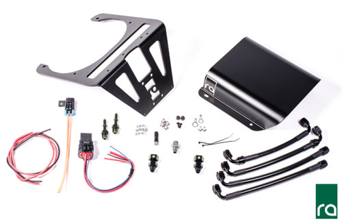 Radium Engineering Porsche 996 Turbo surge tank kit, bracket, black cover, wiring, hoses, and fittings laid out
