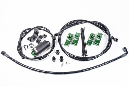 Radium Engineering Toyota Supra MK4 fuel hanger plumbing kit, stainless filter, hoses, clamps, fittings and connectors laid out on white background