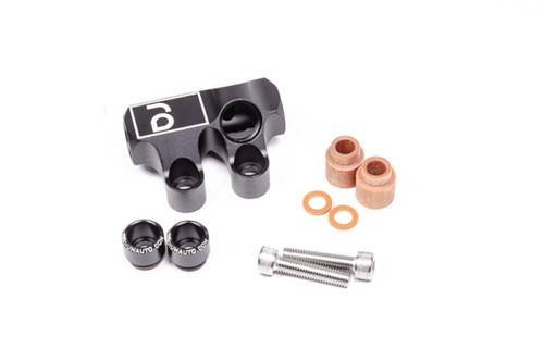 Radium Engineering Mazda 13B top feed fuel rail kit with black anodized body, copper washers, black caps and mounting bolts