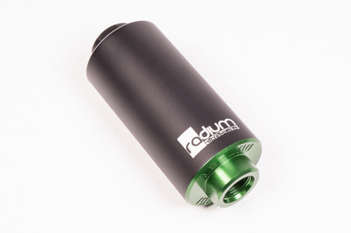 Radium Engineering 6 Micron Microglass Fuel Filter, angled view showing black anodized body and green threaded end cap with fitting port.