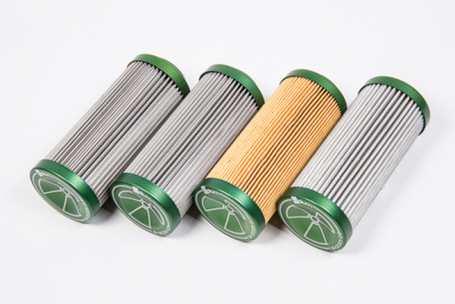 Radium Engineering 6 Micron Microglass Replacement Fuel Filter Elements, four cylindrical filters with green end caps, three pleated metal mesh and
