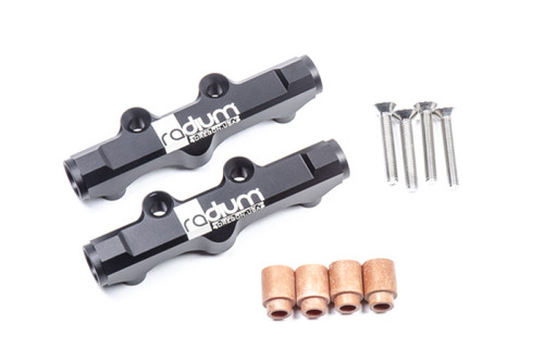 Radium Engineering top feed fuel rail set for Subaru WRX/STI, black billet rails with mounting screws and copper spacers