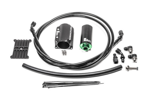 Radium fuel hanger surge tank feed kit with microglass filter, braided hose, fittings, mounting hardware and zip ties.