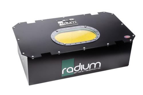 Radium Engineering R10A 10 Gallon Fuel Cell, angled view showing black case, oval yellow foam baffle, and bolted lid.