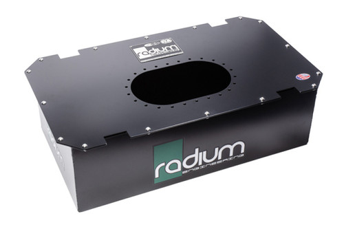 Radium Engineering R10A 10 Gallon Fuel Cell Can, black box with oval top cutout, angled view