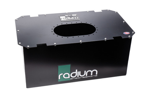 Radium Engineering R06A 6 gallon fuel cell can, black box with oval cutout lid, front angle view