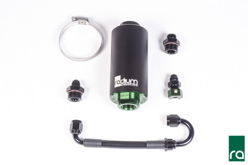 Radium Engineering fuel filter kit with hose clamp, black canister, green fittings and braided line, top view