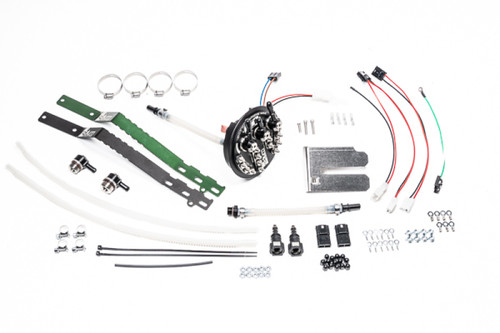 Radium fuel hanger kit for Nissan S14/S15/R33/R34, showing hoses, brackets, wiring, and fittings