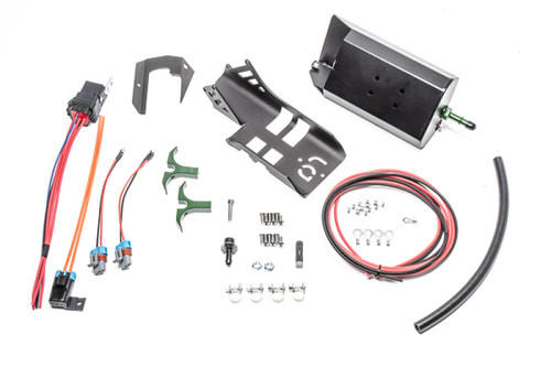 Radium fuel hanger surge tank add-on kit, top down view showing bracket, wiring harness, hardware and hose.