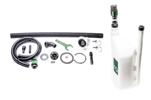 Radium 1.5in dry break refueling kit, hose, fittings, clamps and white catch can, front view