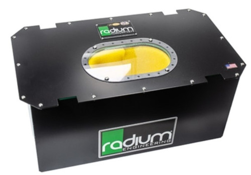 Radium Engineering R14A 14 Gallon Fuel Cell, black box with oval top opening showing yellow foam baffling and bolted lid.