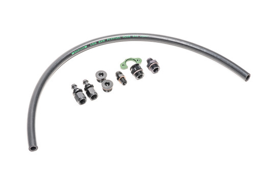 Radium Mitsubishi 4G63 early fuel rail plumbing kit, curved hose with fittings and green gasket laid flat