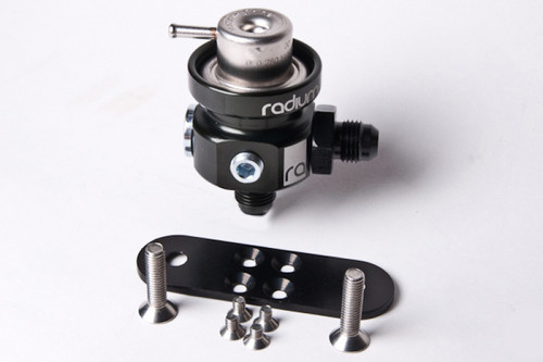 Radium Engineering fuel pressure regulator with Bosch 4 bar reg, mounting bracket and hardware laid out beside it