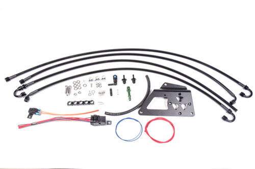 Radium Engineering Evo X fuel surge tank kit, top view showing mounting bracket, hoses, fittings, wiring harness