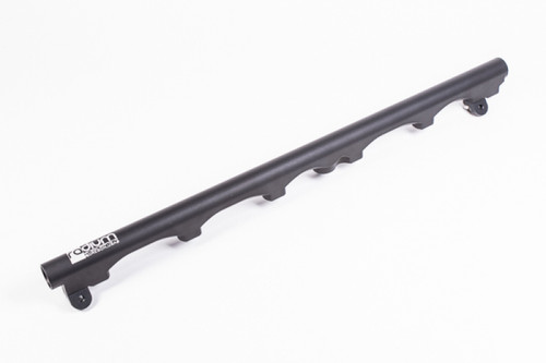 Radium Engineering S54 fuel rail kit for BMW E46 M3, black anodized, angled top view, six injector ports