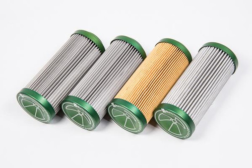 Radium Engineering fuel filters, three stainless mesh elements and one cellulose, green end caps, standing upright