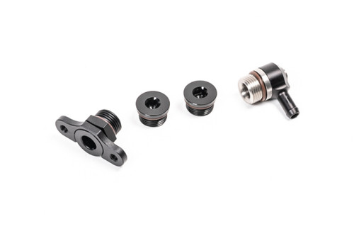 Radium Mazda B6 fuel rail plumbing kit, bracket, two plugs, and 90 degree fitting on white