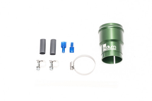 Radium E46 fuel pump install kit, green anodized housing, hose clamps, splice connectors, heat shrink tubing.