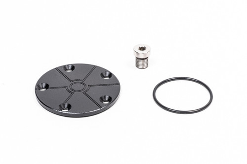 Radium Fuel Hanger FPR Block Off kit, showing round black cap plate, allen bolt, and O-ring.