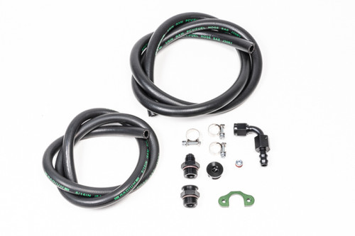 Radium RB26DETT fuel rail plumbing kit, two coiled black hoses, AN fittings, clamps and bracket