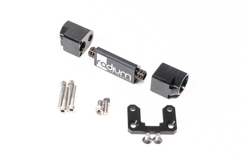 Radium Split-Flow Flex Fuel Sensor Adapter kit with black hex fittings, center sensor housing, bracket and mounting screws laid out