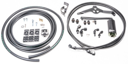 Radium fuel hanger plumbing kit for 08-21 Subaru, showing hoses, fittings, filter, and mounting brackets laid out.