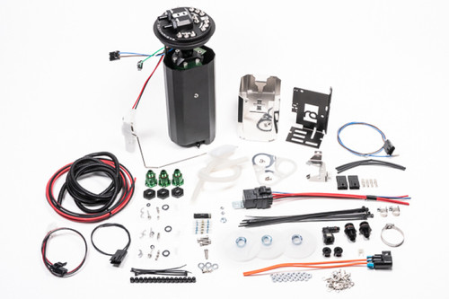 Radium R32 GT-R fuel hanger surge tank kit, top down view showing canister, bracket, wiring, and fittings